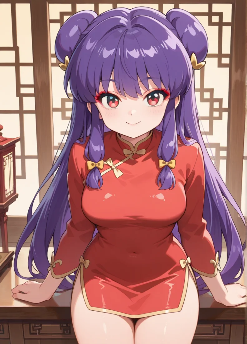 masterpiece, best quality, amazing quality, very aesthetic, absurdres, newest, detailed background, 4k, 8k,
shampooxd, 1girl, solo, smile, looking at viewer,
purple hair, long hair, double bun, hair bun, red eyes, hair ornament, bow, bangs, sidelocks, hair bow,
china dress, looking at viewer, red dress, short dress, long sleeves,
medium breasts, <lora:Shampoo_-_Ranma_12_Remake_Illustrious:1>