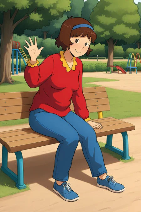 masterpiece, best quality, amazing quality, absurdres, solo, cailloudoris, smile, closed mouth, sitting, looking at viewer, waving, short brown hair, blue hairband, red shirt, blue pants, blue shoes, outdoors, playground, bench, tree, grass