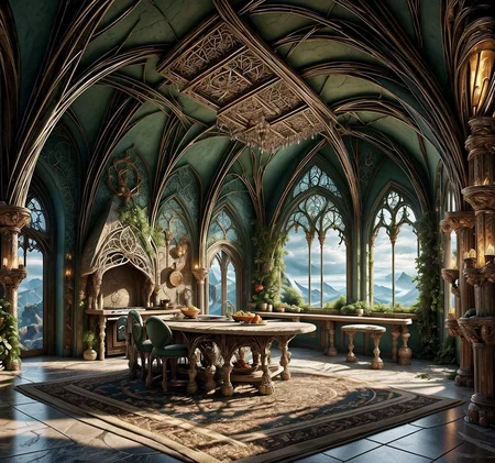 RAW photo, (masterpiece:1.3), subsurface scattering, heavy shadow, (high quality:1.4), (intricate, high detail:1.2), professional photography, HDR, High Dynamic Range, realistic, ultra realistic, photorealistic, high resolution, film photography, ambient lighting, atmospheric effects, <lora:detail_slider_v4:2>, OverallDetail, <lora:ElvenInterior:1>, arch, book, chair, cloud, elfint, food, nature, no humans, pillar, plant, reflection, rug, scenery, table, window