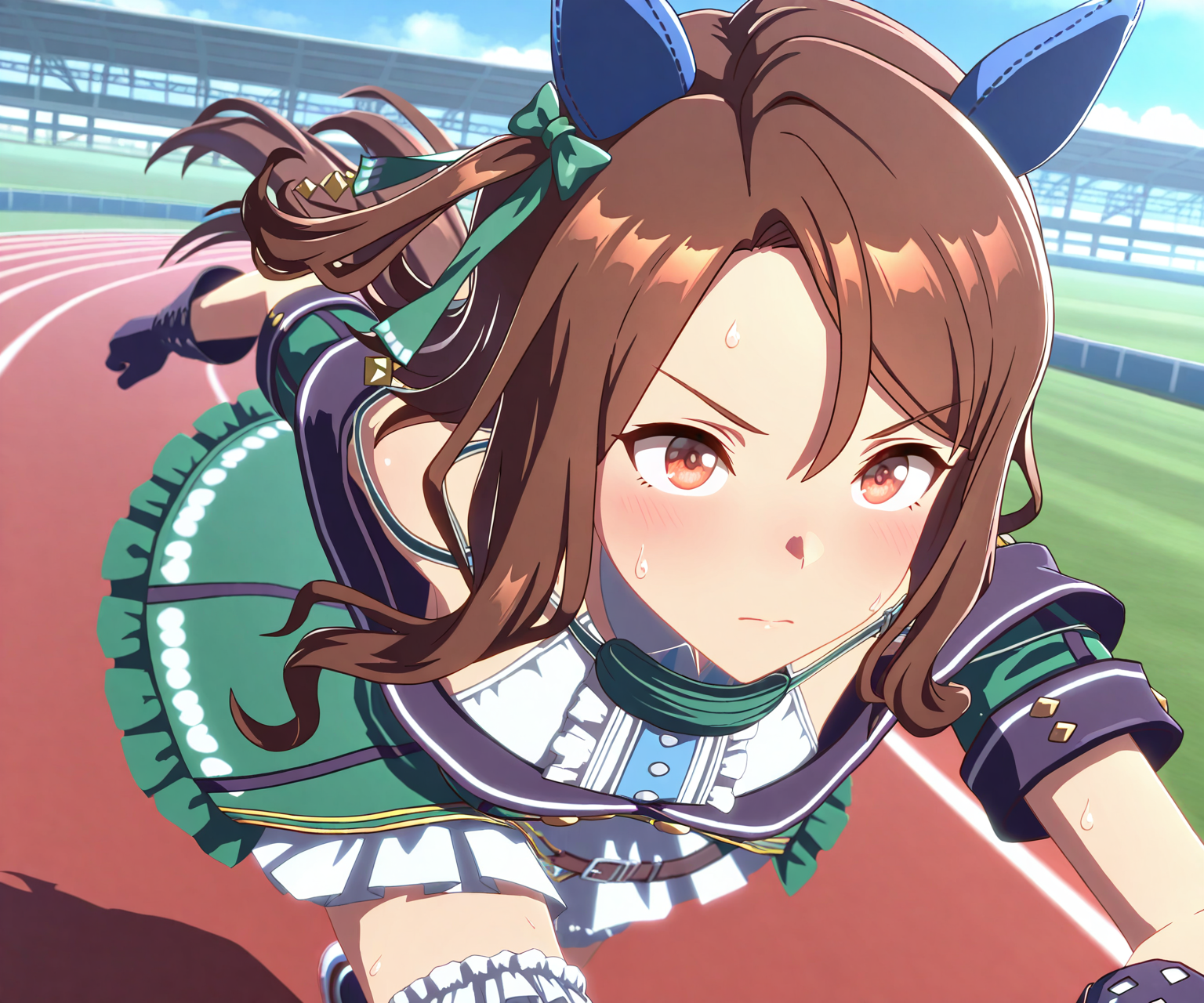 masterpiece, best quality, amazing quality, , 1girl, solo, umamusume, racetrack, running, sweatdrop, sweat, serious,    <lora:King Halo in game style 3D ILL-v2:1> ummsmingame, 3d, king halo \(umamusume\),