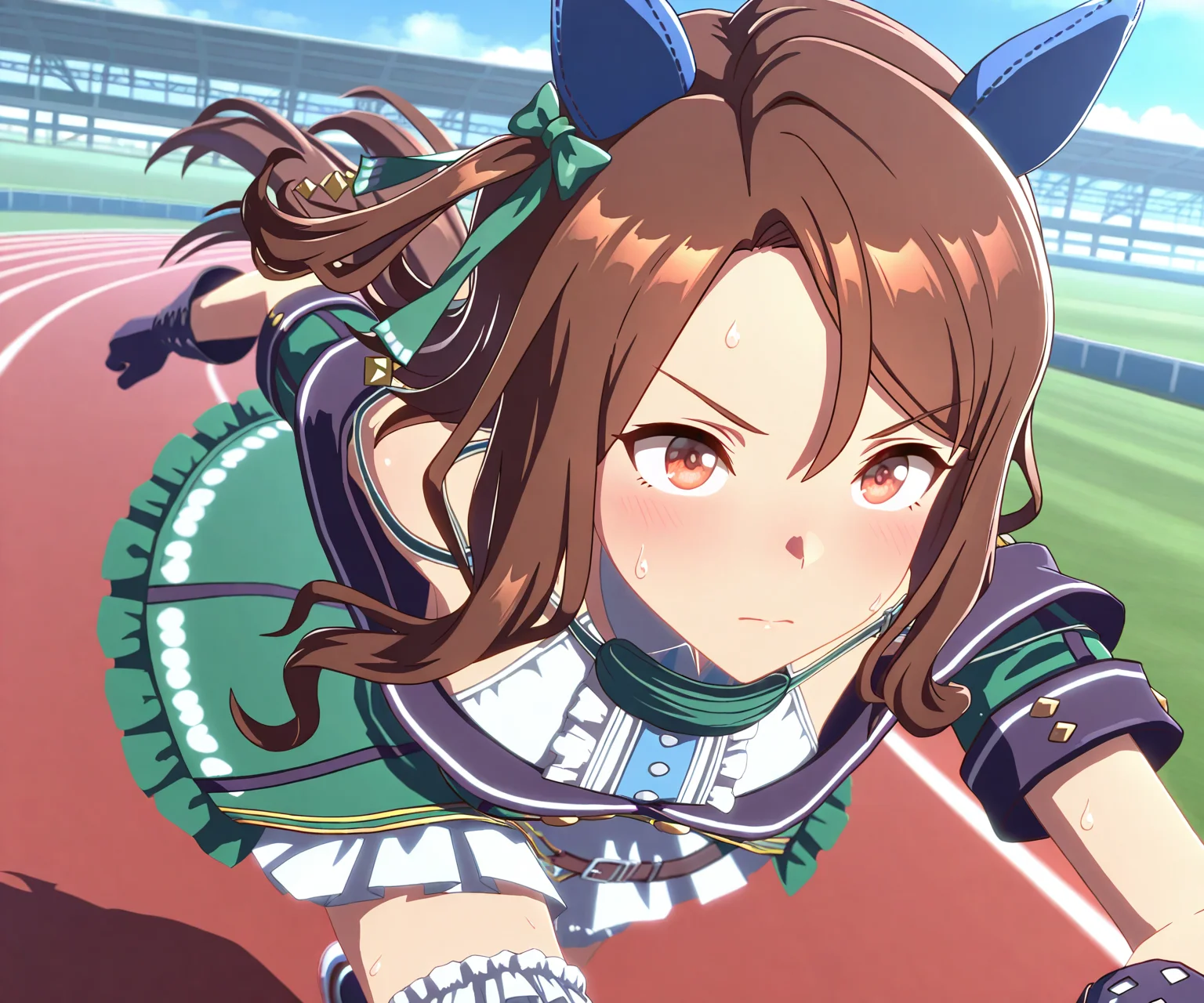 masterpiece, best quality, amazing quality, , 1girl, solo, umamusume, racetrack, running, sweatdrop, sweat, serious, <lora:King Halo in game style 3D ILL-v2:1> ummsmingame, 3d, king halo \(umamusume\),