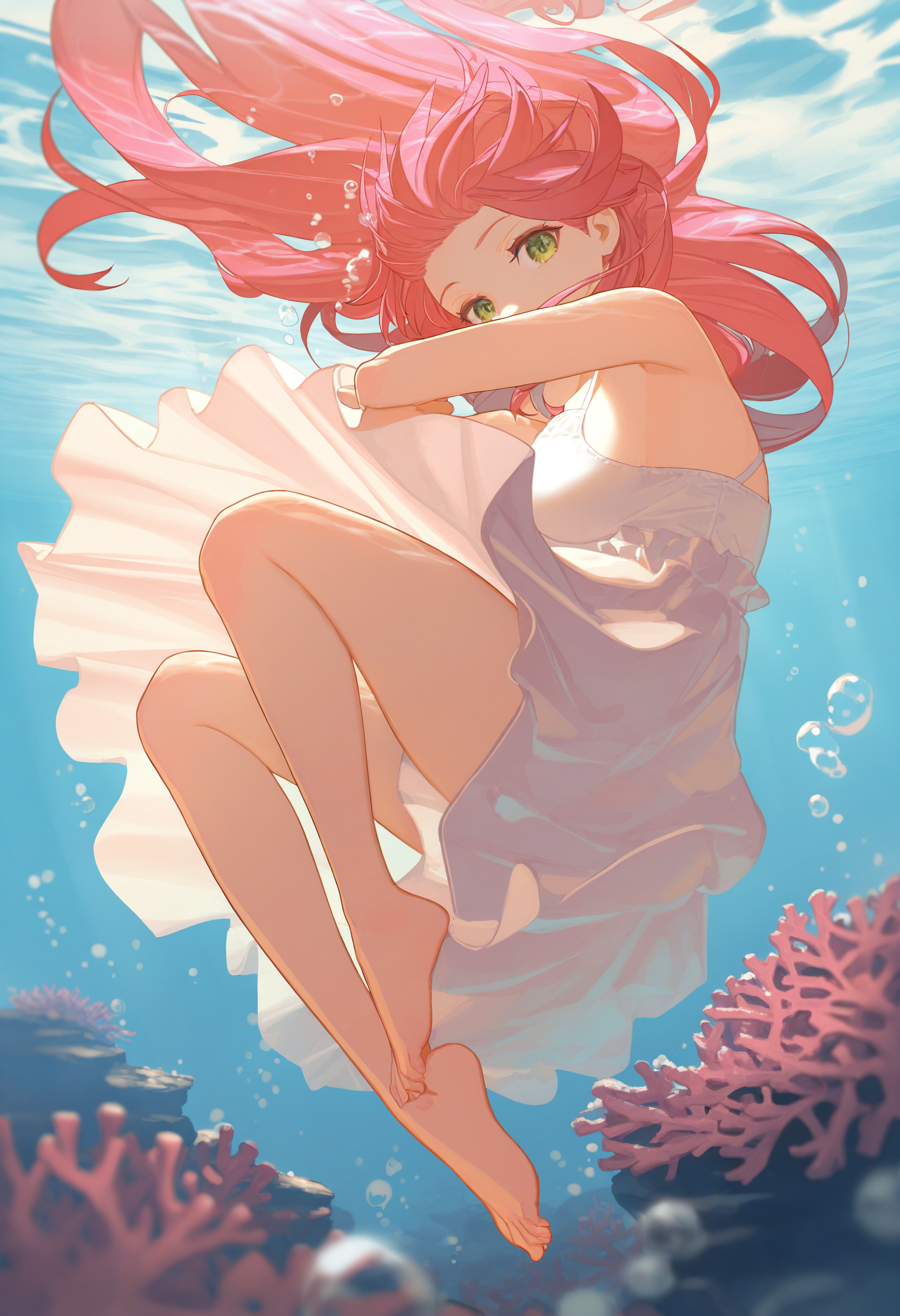 by [ask \(askzy\)|diyokama|miv4t|timbougami],
1girl, sakura miko, solo, pink hair, underwater, long hair, air bubble, white dress, bare shoulders, coral, bare legs, bare arms, looking at viewer, full body,
masterpiece, best quality, very awa, absurdres
<lora:noobai_epred_11_artists_v11:1>