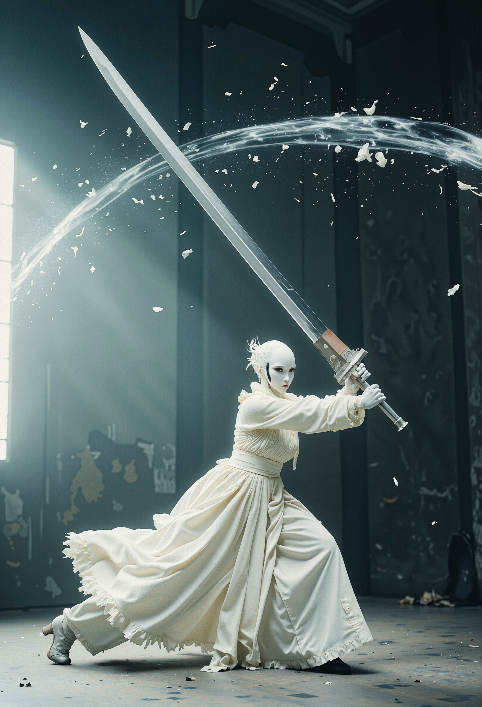 A cinematic shot of a biosynthetic humanoid woman wielding an unbelievably massive sword more than twice her own size. She is a terribly beautiful yet expertly lethal creature. She swings the giant sword with finesse and grace, as if it were an extension of herself, gripping it confidently with her left hand. A biosynthetic humanoid designed to kill, yet when they swing their sword it is almost as graceful as a dance. She looks focused, yet subtly happy, in her element. Her bright eyes are mesmerizingly beautiful synthetic creations, though an entirely unnatural color. She has the palest, white matte translucent ethereal synthetic skin, with no color or pigment, with a texture almost like frosted glass or matte polished alabaster, with soft diffused lighting, subtle light scattering, soft refractions, gentle highlight diffusion, muted reflections, soft-focus translucency. She wears a long, tattered, battle worn, white dress with a high neck that fully covers her torso, chest, and arms, which flairs out, flowing around her as she spins. Backlighting creates a dramatic, atmospheric glow, illuminating unknown elements and debris swirling in the air and emphasizing the sharp edges of her frightening visage, as the giant sword seems to cut right through the air itself. The scene is chilling, intense, and hauntingly beautiful., <lora:xjie_mihuan_000007500:0.32> xijie_mihuan,<lora:Dystopian_Style:0.4> 0y5top1a8e,<lora:Softlight:0.496> SoftLight effect, film grain, <lora:The_Vanguard:0.5> SentinelBot <lora:ssw:0.75> giant sword