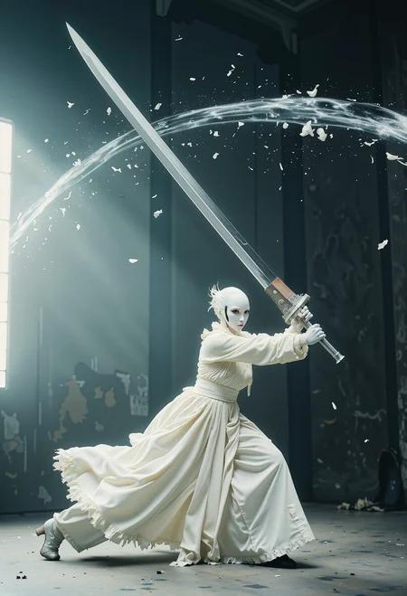 A cinematic shot of a biosynthetic humanoid woman wielding an unbelievably massive sword more than twice her own size. She is a terribly beautiful yet expertly lethal creature. She swings the giant sword with finesse and grace, as if it were an extension of herself, gripping it confidently with her left hand. A biosynthetic humanoid designed to kill, yet when they swing their sword it is almost as graceful as a dance. She looks focused, yet subtly happy, in her element. Her bright eyes are mesmerizingly beautiful synthetic creations, though an entirely unnatural color. She has the palest, white matte translucent ethereal synthetic skin, with no color or pigment, with a texture almost like frosted glass or matte polished alabaster, with soft diffused lighting, subtle light scattering, soft refractions, gentle highlight diffusion, muted reflections, soft-focus translucency. She wears a long, tattered, battle worn, white dress with a high neck that fully covers her torso, chest, and arms, which flairs out, flowing around her as she spins. Backlighting creates a dramatic, atmospheric glow, illuminating unknown elements and debris swirling in the air and emphasizing the sharp edges of her frightening visage, as the giant sword seems to cut right through the air itself. The scene is chilling, intense, and hauntingly beautiful., <lora:xjie_mihuan_000007500:0.32> xijie_mihuan,<lora:Dystopian_Style:0.4> 0y5top1a8e,<lora:Softlight:0.496> SoftLight effect, film grain, <lora:The_Vanguard:0.5> SentinelBot <lora:ssw:0.75> giant sword