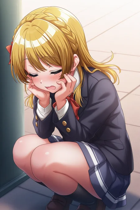 masterpiece, best quality, amazing quality,
 <lora:RinkuV2_IL:1> rinku, 1girl, blonde hair, braid, solo, skirt, squatting, closed eyes, school uniform, jacket, red bow, bow, open mouth, pleated skirt, shirt,