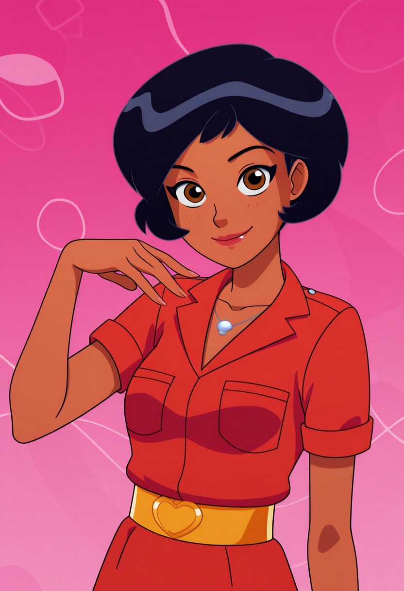 masterpiece, best quality, good quality, 1girl, solo, cartoon, totally_spies_2k24, alex, black hair, brown eyes, dark-skinned female, breast pocket, necklace, red clothes, yellow b3lt, sexy, medium breasts, beautiful, detailed, high detailed, very beautiful, detailed face, detailed eyes, detailed hand, fingernails, abstract background, neon, smile, posing, pose, looking at viewer, face focus
