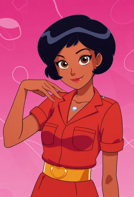 masterpiece, best quality, good quality, 1girl, solo, cartoon, totally_spies_2k24, alex, black hair, brown eyes, dark-skinned female, breast pocket, necklace, red clothes, yellow b3lt, sexy, medium breasts, beautiful, detailed, high detailed, very beautiful, detailed face, detailed eyes, detailed hand, fingernails, abstract background, neon, smile, posing, pose, looking at viewer, face focus