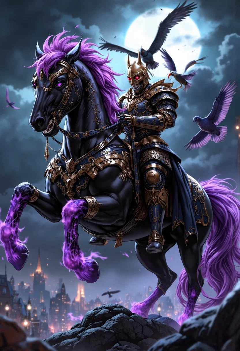 Masterpiece, a dramatic and intense scene set against a backdrop of a dark, stormy sky with ominous clouds. An undead knight, clad in elaborate, ghotic, ornate armor, sits atop a majestic and eeire, undead dark horse adorned with intricate metalwork. The horse's mane and tail are made of a purple fire glow, adding to its dangerous appearance. The knight's helmet is adorned with a skull and crossbones, symbolizing a sense of mystery and danger and its eyes glow in purple a purple light. The rider's posture is one of readiness and determination. The scene is filled with a sense of foreboding and tension, with birds flying around the knight, adding to the overall atmosphere of chaos and impending conflict. High-res, semi realistic, best quality, intricate details, ultra details, good lighting, vibrant colors, very detailed, octane render, ray tracing, mythp0rt