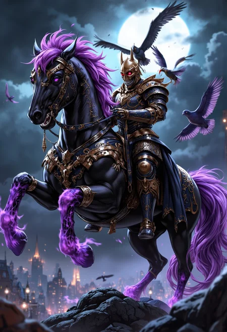 Masterpiece, a dramatic and intense scene set against a backdrop of a dark, stormy sky with ominous clouds. An undead knight, clad in elaborate, ghotic, ornate armor, sits atop a majestic and eeire, undead dark horse adorned with intricate metalwork. The horse's mane and tail are made of a purple fire glow, adding to its dangerous appearance. The knight's helmet is adorned with a skull and crossbones, symbolizing a sense of mystery and danger and its eyes glow in purple a purple light. The rider's posture is one of readiness and determination. The scene is filled with a sense of foreboding and tension, with birds flying around the knight, adding to the overall atmosphere of chaos and impending conflict. High-res, semi realistic, best quality, intricate details, ultra details, good lighting, vibrant colors, very detailed, octane render, ray tracing, mythp0rt
