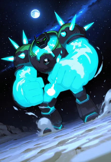 masterpiece, best quality, amazing quality, very aesthetic, absurdres, newest, , detailed background,
movie scene, cinematic scene, cinematic, foreground blur, depth of field,
shckrck, glowing, shoulder spikes, green eyes, helmet, neon trim, blue fire, big arms, massive arms, blue arms, no humans,
blue flames, on fire, in space, lunar surface, fust, white sand, moon surface, earth from space, from below, dutch angle, tilted view, clenching fist, hand fire, blue fire, white sand, white earth, white dust, white dust smoke,