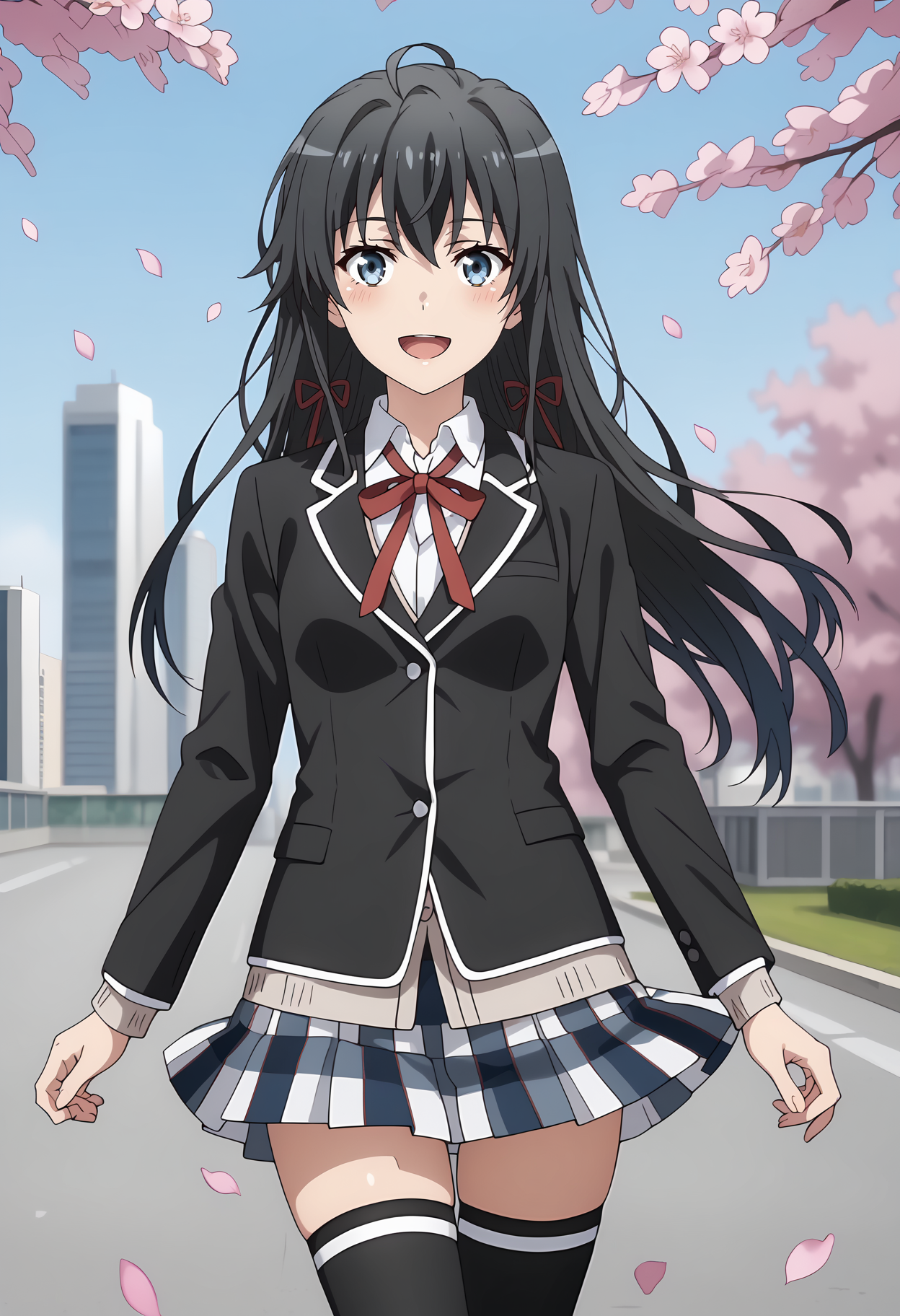 anime screencap,
<lora:YahariOreNoSeishunLoveComedy_YukinoshitaYukinoXL:0.9>,
1girl, solo, open mouth, smile, blush, floating hair, wind,
long hair, black hair, blue eyes, hair between eyes, ahoge, hair ribbon,
YukinoSchool, blazer, black jacket, collared shirt, white shirt, brown cardigan, neck ribbon, red ribbon, long sleeves, plaid skirt, pleated skirt, multicolored skirt, black thighhighs, skindentation,
thigh gap, cowboy shot, standing, looking at viewer,
cherry blossoms, petals, school, city, outdoors, blurry background