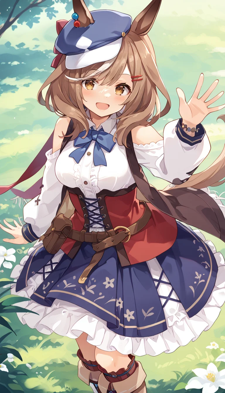 score_9,score_8_up,score_7_up,official art,masterpiece,high quality,megami magazine,official style,game cg,ao banana,
1girl,
mkt race, matikane tannhauser (umamusume),
animal ears, belt bag, blush, bow, brown hair, cabbie hat, ears through headwear,
hair ornament, hairclip, hat, highres, horse ears, horse girl, horse tail,
medium hair, multicolored hair, streaked hair, tail, white hair,
belt, brown eyes, clothing cutout, shoulder cutout, boots,
ribbon, yellow eyes, blue headwear, dress, ear piercing, piercing,
belt buckle, buckle, hair between eyes, blue bow, blue hat,
collared shirt, long sleeves, puffy long sleeves, puffy sleeves,
shirt, white shirt, bare shoulders, blue skirt, frilled skirt, frills, skirt,
bowtie, brown footwear, corset, frilled dress, socks, ear ornament,
blue bowtie, belt pouch, pouch, bangs, eyebrows visible through hair,
center frills, tilted headwear, two-tone hair, waving, detached sleeves,
brown jacket, jacket, sleeveless, sleeveless jacket,
long dress,
standing,<lora:umamusume_matikane_tannhauser_pony_v1:1>,
