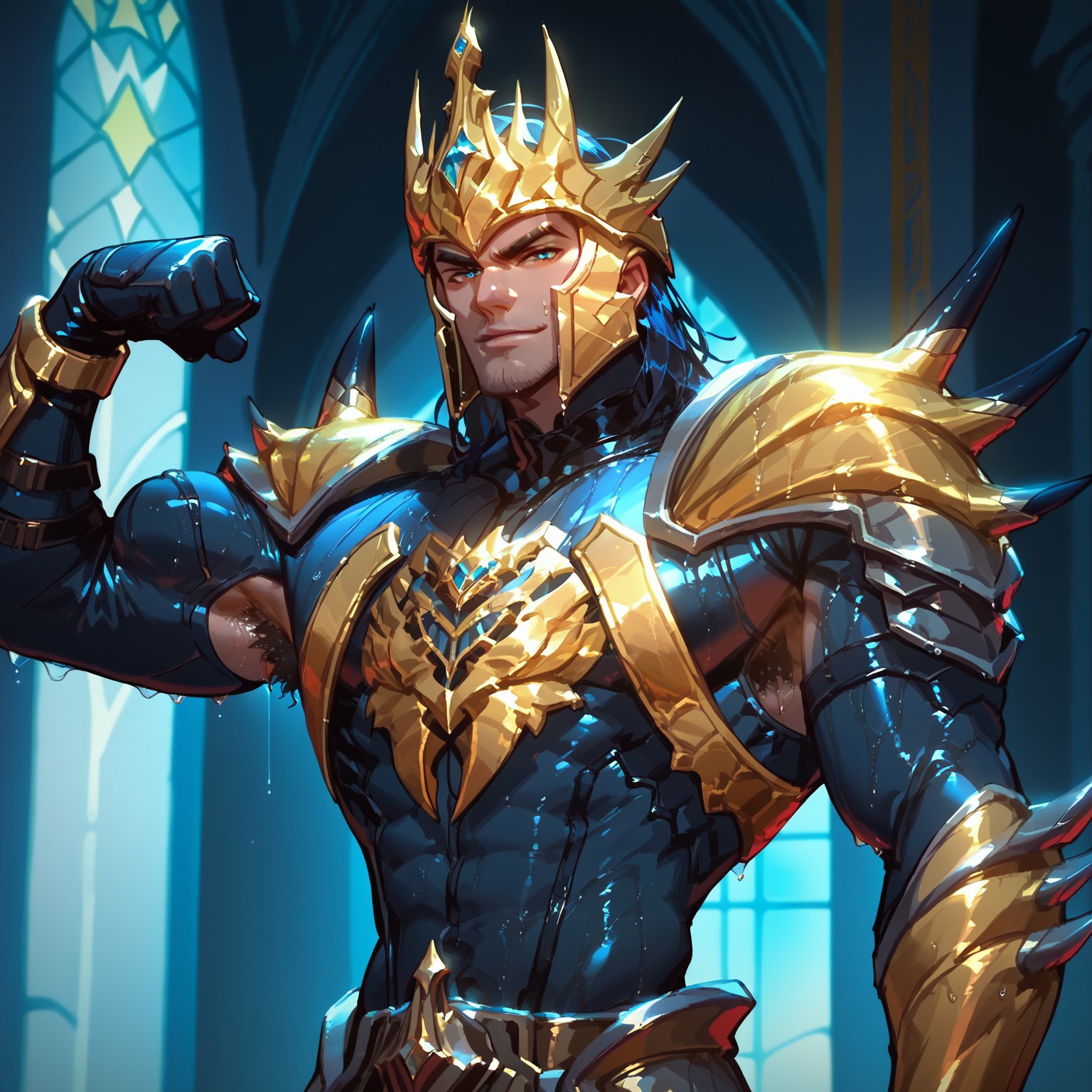 score_9, score_8_up, score_7_up, absurdres, intricate details, masterpiece, best quality, expressiveh, source_anime, screencap, high quality cg, 1boy, jarvan, helmet, armor, Black skinsuit, medium hair, solo, male focus, castle interior background, torso and above portrait, narrow waist, tiny waist, flexing biceps, dripping sweat, wet armpit hair, excessive pube hair, excessive chest hair, v-taper, look at viewer, smirk

shiny skin, shiny