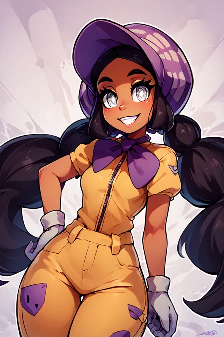 score_9, score_8_up, score_8, medium breasts, (curvy), cute, eyelashes, ,,, , ,,, zzHapu, grey eyes, black hair, long hair, twintails, very long hair, dark skin, bright pupils, white pupils, gloves, purple bonnet, short sleeves, jumpsuit, <lora:Hapu_Pokemon_PDXL:1.0>, ,,,, BREAK, smile, looking at viewer, ,,, abstract background, white outline, cowboy shot, ,,, embedding:zPDXL, Expressiveh, ,,, <lora:theOtherHalfPDXL:0.8>, <lora:CatalystStylePDXL:0.6>, <lora:SDXLFaeTastic2400:0.5>, <lora:Expressive_H-000001:0.4>,