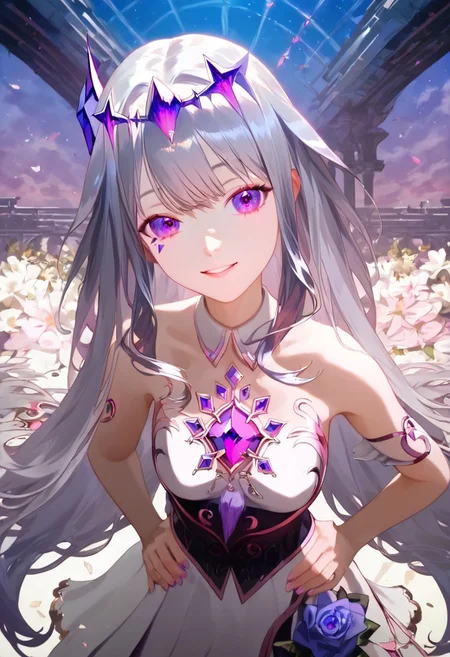 score_9, score_8_up, score_7_up, score_6_up, Expressiveh, ultra detailed, high resolution, absurdres, masterpiece, 
1girl, beautiful, aesthetic, dynamic pose, perfect hands, beautiful hands, perfect anatomy, looking at viewer, petite, short, thin, slim, detailed face, beautiful face, detailed eyes, beautiful eyes, 
bijou, long hair, dynamic hair, silver hair, purple highlight, purple eyes, small breast, detailed outfit, embellished outfit, heels,
beautiful scenery, aesthetic scenery, detailed background,
depth of field, realistic, realistic background, colorful background, vibrant background, windy,
hands on waist, playful, mischievous, happy, slightly leaning forward,