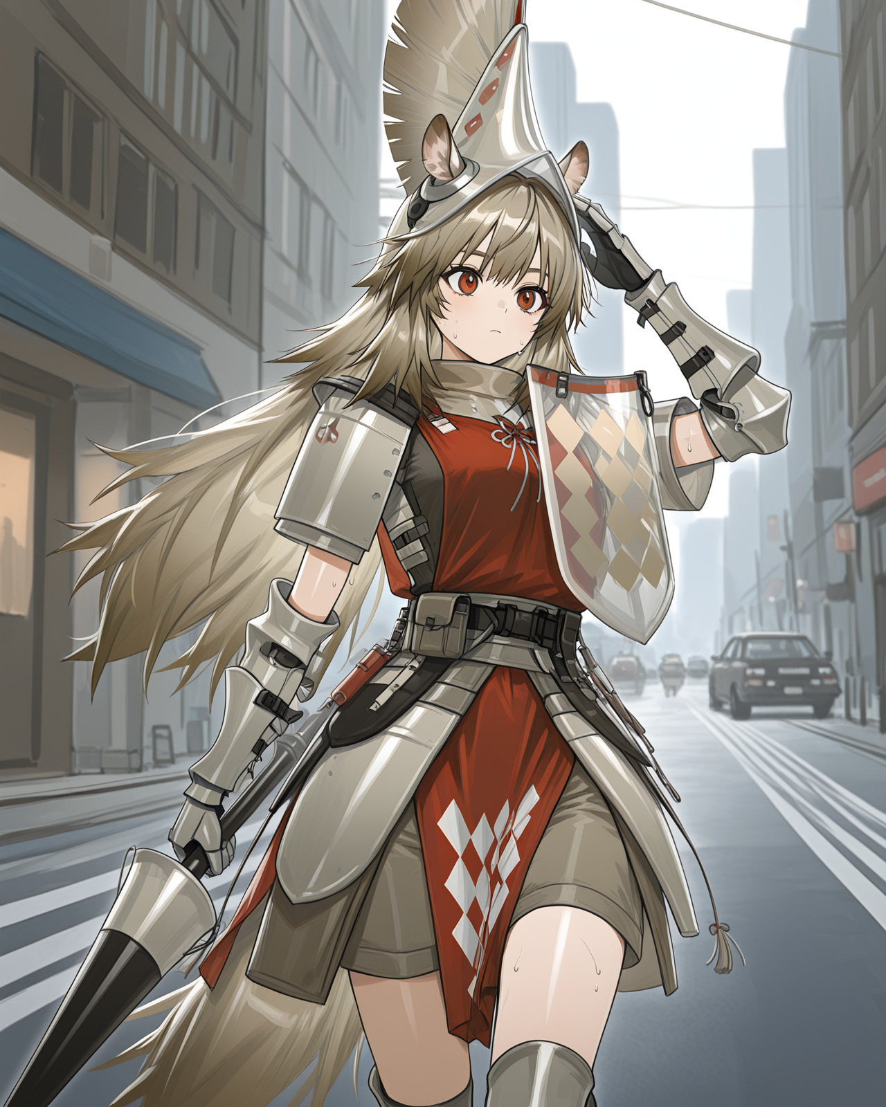 masterpiece, best quality, beautiful accurate depth-of-field, 1girl, solo, cowboy shot, cinematic, w1ldman3AK, WMAK helmet, WMAK Armor, WMAK gauntlets, WMAK boots, horse ears, horse ears, horse tail, tagged ear, perfect detailed red eyes, very-long hair, walking down a city road, hand on head, sweating, holding weapon, lance,