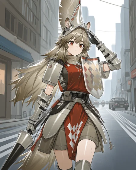 masterpiece, best quality, beautiful accurate depth-of-field, 1girl, solo, cowboy shot, cinematic, w1ldman3AK, WMAK helmet, WMAK Armor, WMAK gauntlets, WMAK boots, horse ears, horse ears, horse tail, tagged ear, perfect detailed red eyes, very-long hair, walking down a city road, hand on head, sweating, holding weapon, lance,