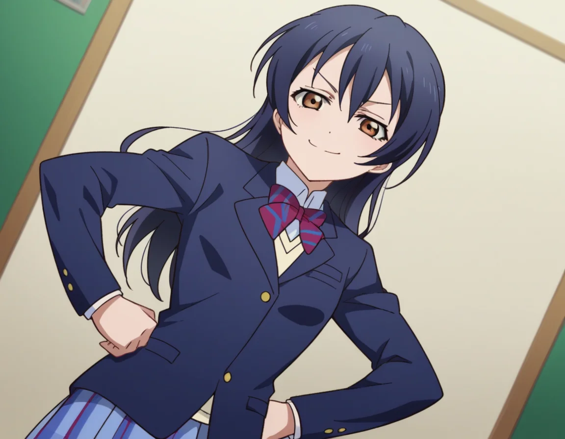 score_9, score_8_up, score_7_up, source_anime, <lora:umi-sonoda-s1-ponyxl-lora-nochekaiser:1>, umi sonoda, long hair, bangs, hair between eyes, brown eyes, blue hair,, skirt, school uniform, jacket, blazer, winter uniform, otonokizaka school uniform,, indoors, smug, smile, looking at viewer, solo, hands on hips,, cowboy shot, dutch angle
