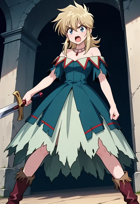 masterpiece, best quality, amazing quality, 1girl, solo,
<lora:rubette_la_lette_v01:0.9>, rubette_noble, blonde hair, medium hair, sidelocks, hair between eyes, blue eyes,
earrings, necklace, jewelry, bare shoulders, blue dress, green dress, off-shoulder dress, short sleeves, long skirt, boots, v-shaped eyebrows, open mouth, dutch angle, holding sword, torn dress, torn clothes