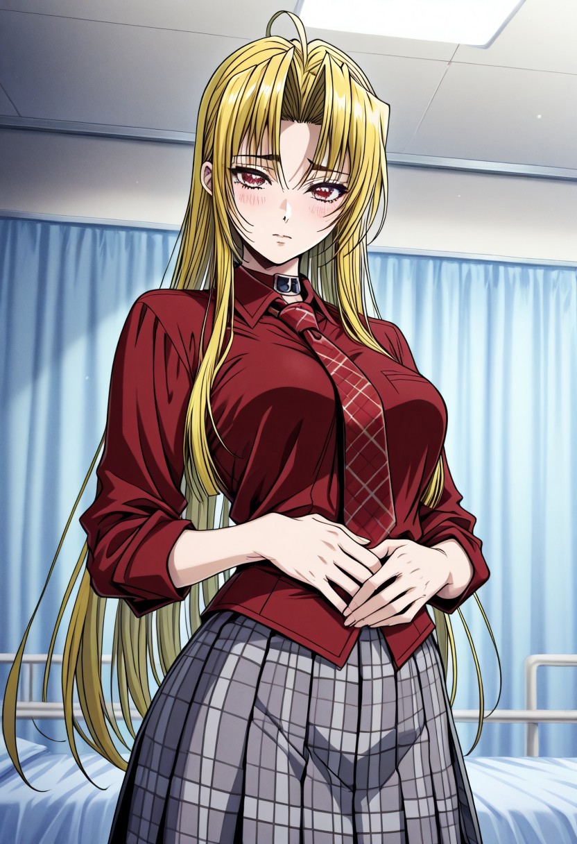 masterpiece, best quality, newest, highres, uncensored, 1girl, yokota mamoru style,1girl,
Tifana Luxembur,Ahoge Hair, Blonde Hair, Curtained Hair, Parted in Middle, Sidehair, Straight Hair, Waist Length Hair,Red Eyes,Slim
black shirt, collar, red necktie, plaid, plaid necktie, plaid skirt, pleated skirt, grey skirt,, hospital room, bedside, get well flowers, comforting, quiet, , looking at viewer, hands on stomach, blush,, solo,, cowboy shot, dutch angle