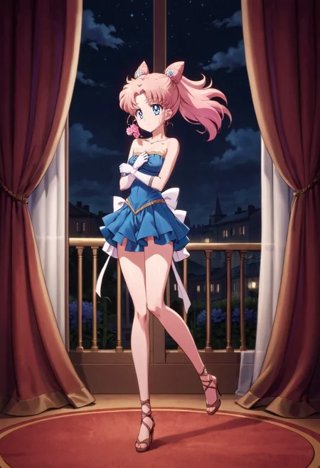 <lora:SMCrystalSDXL-REDO:0.8>  1girl, solo, adult, mature, voluptuous, anime coloring, sexy, blonde hair, blue eyes, blue skirt, bow, brown hair, circlet, crystal movies style, curtains, earrings, flower, gloves, hair bun, jewelry, night, pink hair, strapless dress, formal, shirt, sky, strappy heels, thighhighs, white shirt