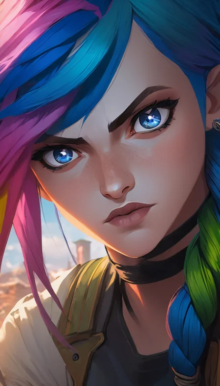 Extreme close-up, portrait of a female rogue, multicolored mixed colored rainbow hair, extremely beautiful detailed piercing eyes, flying though a paradox, cinematic scene, scenery, detailed background, masterpiece, best quality, high quality, highres, absurdres, very detailed, high resolution, sharp, sharp image, 8k, vivid, colorful, stunning, arcane style <lora:arcance_style_xl_v1:1>