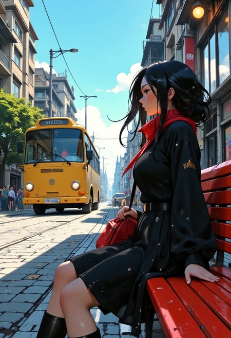 The image is an illustration of a young girl sitting on a red bench on a cobblestone street. She is wearing a japanese black school uniform with a red scarf around her neck. She has long black hair and is holding a red bag in her hand. The girl is looking off to the side with a happy expression on her face. In the background, there is a yellow bus moving along the street and a buildings with ornate details. The sky is blue and there are trees and street lamps lining the street. The overall mood of the image is peaceful and serene.