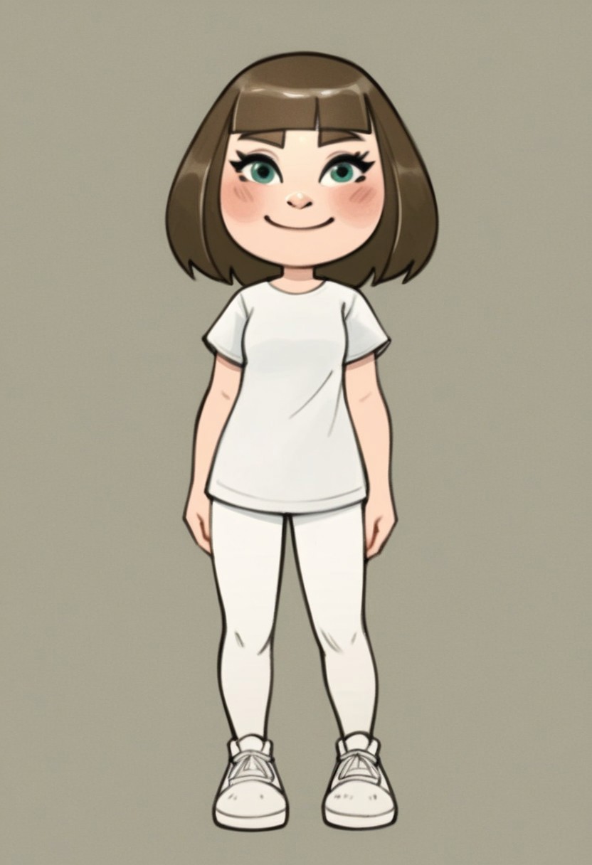 score_9, score_8_up, score_7_up, rating_safe, 
s1mz, 
small nose, blush, white pants, smile, white skin, green-ish brown hair, sneakers, green eyes, female mii, fringe, mii, cute, brown eyebrows, long hair, small breasts, wii u, 1girl, white clothing, Millie_(\Wii_Sports_Club\)
