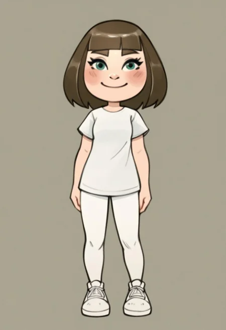 score_9, score_8_up, score_7_up, rating_safe, 
s1mz, 
small nose, blush, white pants, smile, white skin, green-ish brown hair, sneakers, green eyes, female mii, fringe, mii, cute, brown eyebrows, long hair, small breasts, wii u, 1girl, white clothing, Millie_(\Wii_Sports_Club\)