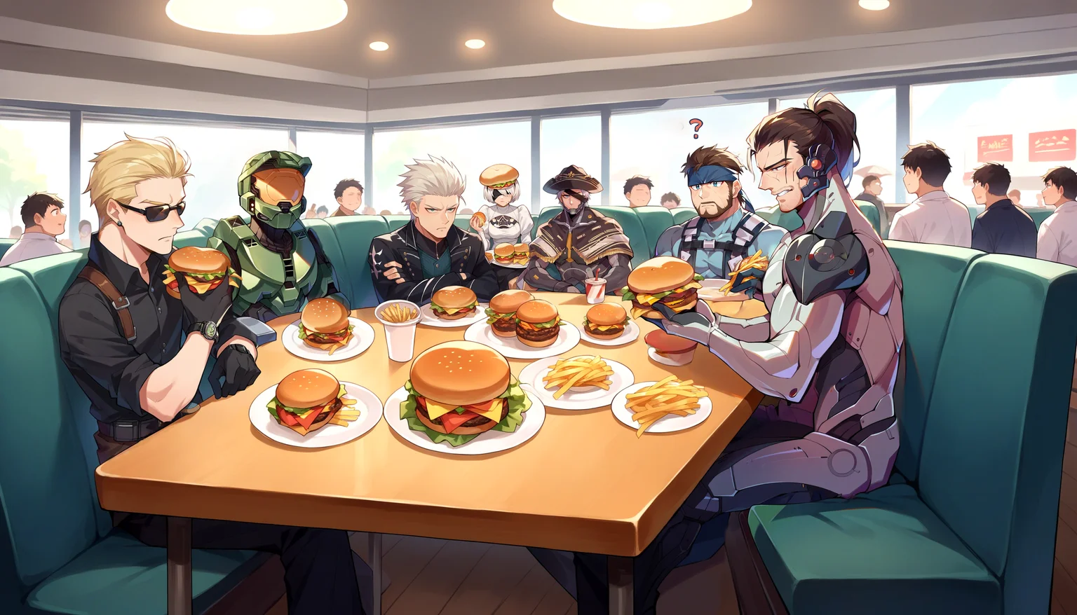 score_9, score_8_up, source_anime, 6 boys, sitting, table, around table, restaurant, food, burger, french fries,
BREAK <lora:albertwesker-guy-PONYv1:0.8>, albertwesker, black gloves, sunglasses, belt, holster, black shirt, watch,
BREAK <lora:masterchief-halo-richy-v1_pdxl:0.8>, masterchief, helmet, visor, power armor,
BREAK <lora:dmc5_vergil_ponyXL:0.8>, dmc5vergil, black coat, fingerless gloves,
BREAK <lora:RaidenMGR_XLPD:0.9>, RaidenMGRSombrero, hat, cyborg, bodysuit, eyepatch,
BREAK <lora:solidsnake-pdxl-nvwls-v1:0.8>, solidsnake, brown hair, beard, facial hair, headband, blue bodysuit, gloves, harness,
BREAK <lora:JetstreamSam_XLPD:0.8>, JetstreamSam, cyborg, bodysuit, headgear, beard,