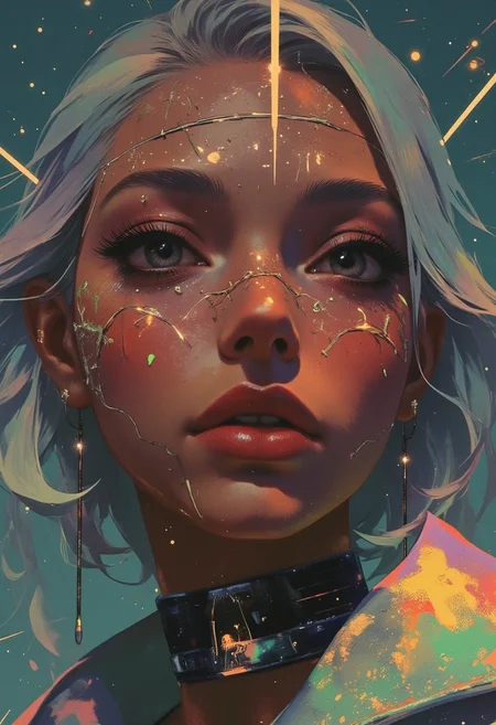 This is a highly detailed CGI rendering of a close-up of a woman’s face with a futuristic cyberpunk aesthetic. She has rich, warm brown skin with golden undertones, deep hazel eyes framed by thick, curled lashes, and full lips painted in metallic violet. Her sleek, shoulder-length silver-white hair is parted to one side, with strands reflecting ambient neon light.
Her face is adorned with glowing neon circuitry in vivid green and gold, forming intricate patterns that pulse faintly against her bronze-toned skin. These embedded cybernetic enhancements seem almost organic, seamlessly integrated into her features. The symbols and lines shift subtly, reacting as if connected to an unseen system.
The background is a deep, moody teal, with ambient lighting from the neon etchings casting a soft, iridescent glow around her. The ultra-realistic rendering captures every pore, reflection, and light refraction, making her skin appear smooth and luminous. This fusion of cybernetic beauty and futuristic technology creates an atmosphere both ethereal and strikingly high-tech.