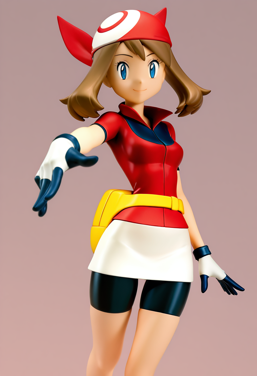 masterpiece, best quality, solo, curvy, beautiful eyes, narrow waist, wide hips, 1girl, solo, smile, looking at viewer, dynamic angle, foreshortening, close up,     f1gur3, realistic,  ,<lora:AnimeFigure_IXL:1.2>,  BREAK,  zzMay, may (pokemon), solo, brown hair, blue eyes, medium hair, red shirt, bike shorts, red bandana, red shirt, gloves,  white miniskirt, yellow belt,  <lora:MayPokemonIXL_v2:1.0>,