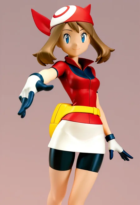 masterpiece, best quality, solo, curvy, beautiful eyes, narrow waist, wide hips, 1girl, solo, smile, looking at viewer, dynamic angle, foreshortening, close up, f1gur3, realistic, ,<lora:AnimeFigure_IXL:1.2>, BREAK, zzMay, may (pokemon), solo, brown hair, blue eyes, medium hair, red shirt, bike shorts, red bandana, red shirt, gloves, white miniskirt, yellow belt, <lora:MayPokemonIXL_v2:1.0>,