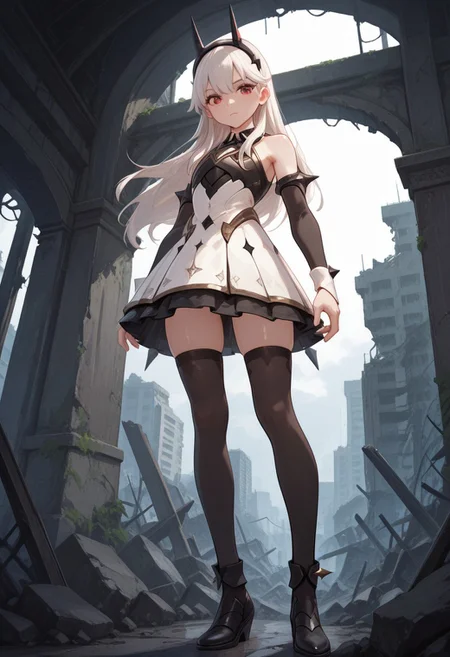 absurdres, masterpiece, best quality, very aesthetic, HDR, 8K, ultra-detailed, anime, 748cmstyle, standing, ruins, from below,
1girl, PrincessLexa, solo, long hair, white hair, bangs, hairband, red eyes, black thighhighs, detached sleeves, bare shoulders, white dress, armor, black footwear, spikes, skindentation, shiny skin, dominant female, (skinny), looks at viewer,