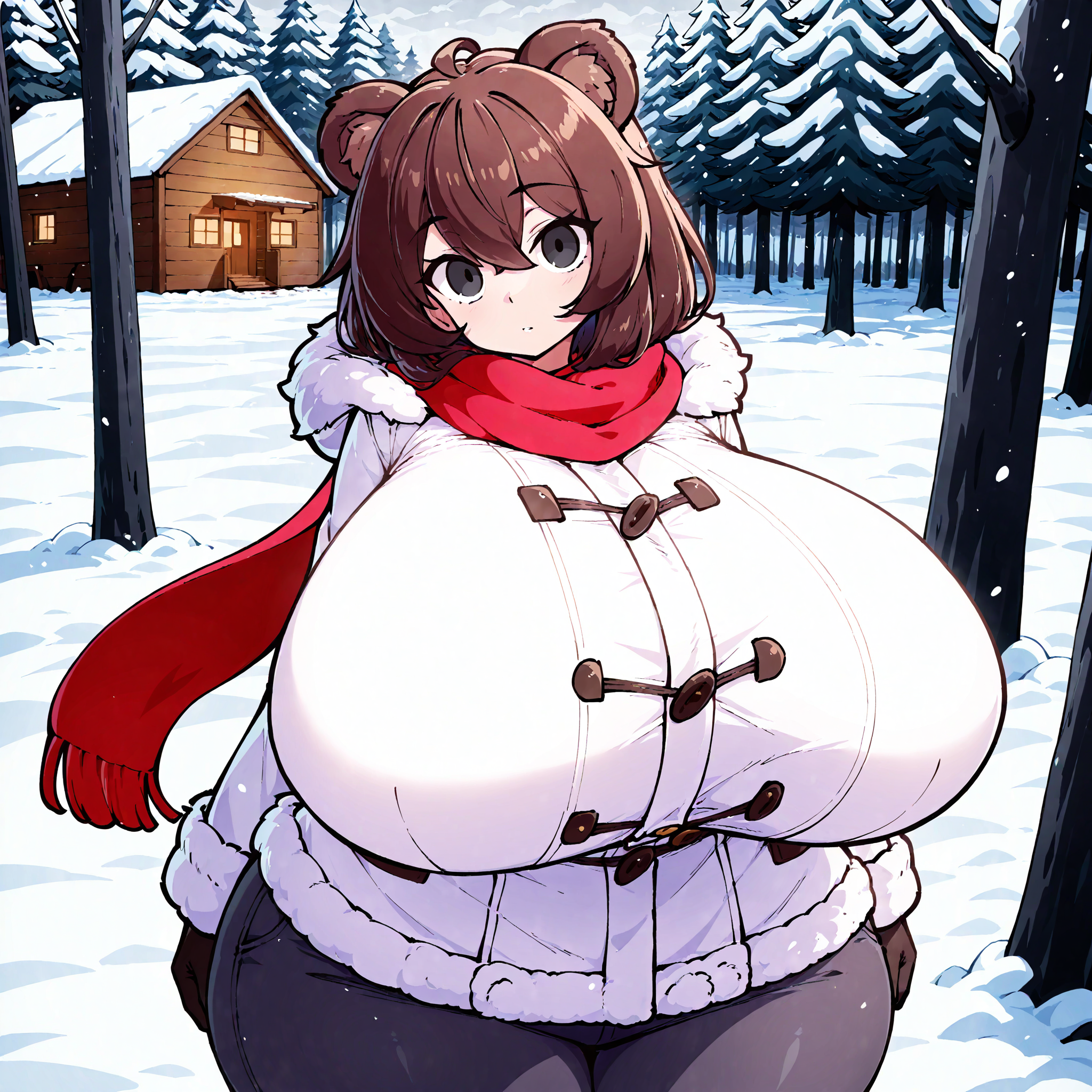 (masterpiece), best quality, (highly detailed), 1female, solo,  <lora:Masked_agent_style_IL:0.8>, bear ears, brown hair, black eyes, hyper breasts, wide hips, white winter coat, pants, fitting clothes, forest, snow, cabin, red scarf, looking at viewer, blank expression,