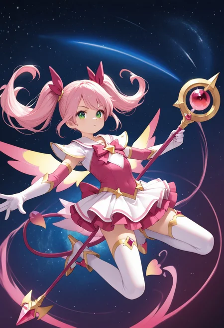 score_9, PherimonyChan, magical girl outfit, magical power, flying in space, staff weapon
