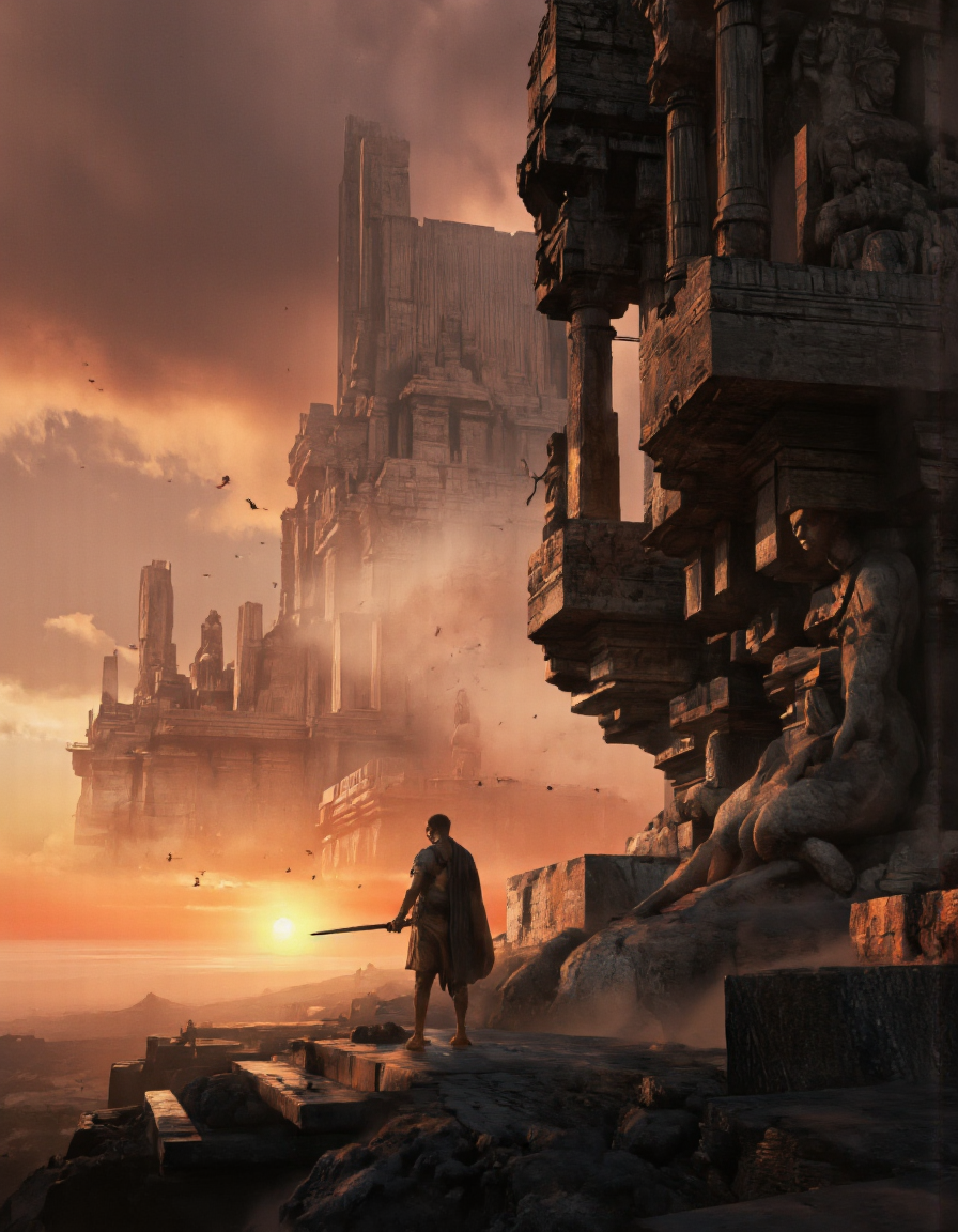 Art by Zhang Jing. A digital illustration shoot from a bird's eye view about a dramatic sunset scene featuring ancient stone structures, including a temple with several statues, set against a backdrop of a distant horizon. the image also shows a group of birds flying around the temple. on the right side of the image, a man stands on a pedestal, facing away from the viewer, wearing no clothing, no pants, no shoes, and no accessory. he appears to be in his mid-twenties, with a serious expression on his face. he is standing at the base of the temple, holding a sword in his right hand and a shield in his left hand. the temple itself is made of stone, with intricate carvings and columns, and is illuminated by soft, warm light. the sky is a mix of orange and pink hues, with the sun setting in the background, casting a warm glow over the scene.