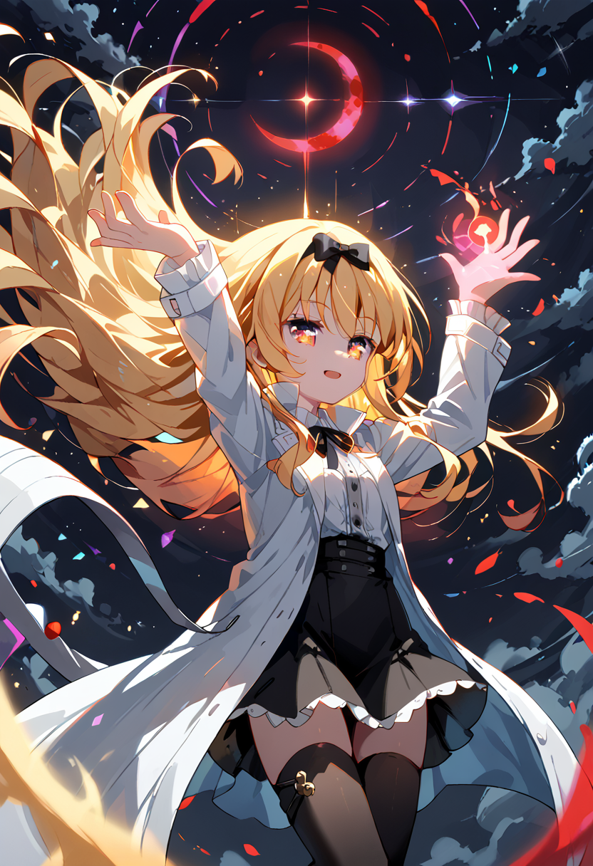 score_9, score_8_up, score_7_up,source_anime,best quality,ColorART,colorful,symmetrical,(giant red moon),1girl,(Yue),young adult,descending from sky, arms straight down, centered,cute,beautiful,(glowing golden hair:1.2), (hair floating high up left in air:1.3),casting magic, (black magic in abstract glitch colorful intricate circle patterns),glowing red eyes,aggressive,smirk,sligthly open mouth,White dress,White shirt, (black skirt), white coat, (black thighhighs), black hairband, hairbow, neck ribbon,yellow tone, red tone,c0l0urgl0w,detailed glowing red moon,8k,16k