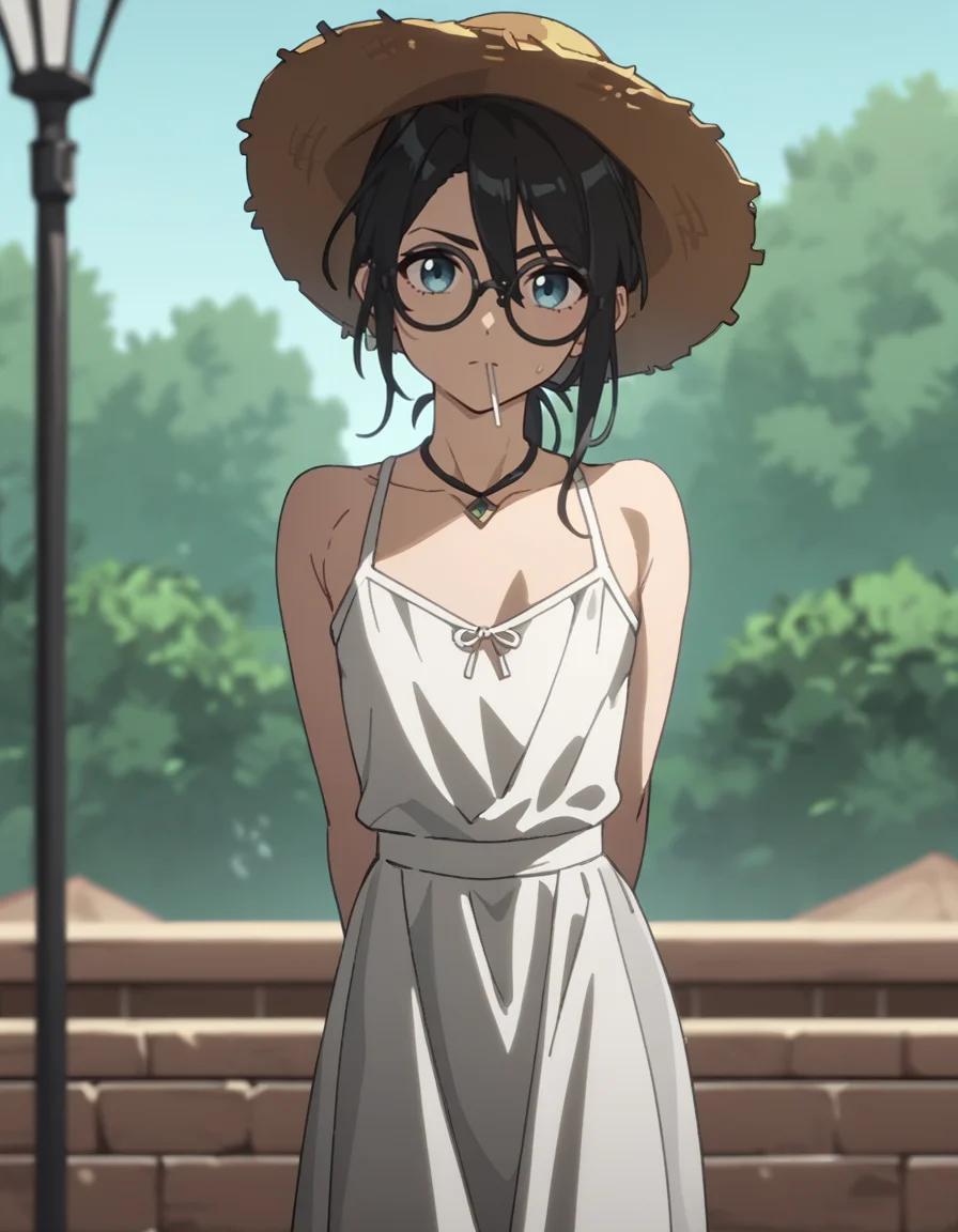 score_9,score_8_up,score_7_up,
looking at viewer,cowboy shot,(summer dress:1.2),(straw_hat:1.2),arms behind back,
<lora:maque_pony:0.5>,fellowmoon-maque,1girl,solo,blue eyes,black hair,jewelry,glasses,flat chest,leaning_forward,<lora:Anime_Screencap:1>,anime screencap,facing_away,