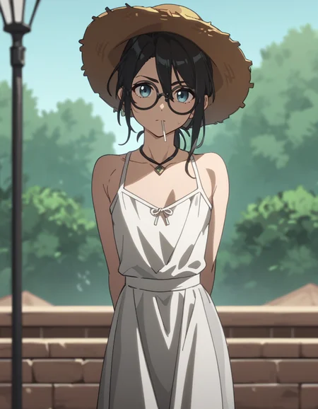 score_9,score_8_up,score_7_up,
looking at viewer,cowboy shot,(summer dress:1.2),(straw_hat:1.2),arms behind back,
<lora:maque_pony:0.5>,fellowmoon-maque,1girl,solo,blue eyes,black hair,jewelry,glasses,flat chest,leaning_forward,<lora:Anime_Screencap:1>,anime screencap,facing_away,