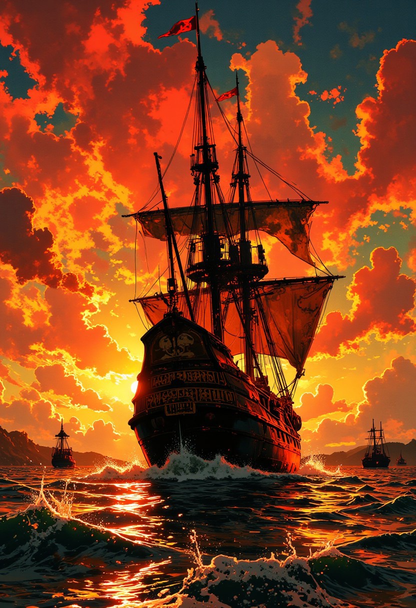 nistyle, inksketch of a pirate galleon, sunset, silhouetted, chiascuro