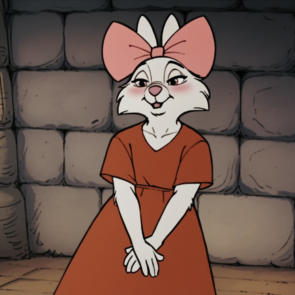 score_9, score_8_up, score_7_up, score_6_up, score_5_up, score_4_up, source_furry, sisrabbitRH, semi-anthro, female, rabbit, white fur, red dress,  pink hair bow, very shy, standing, inside,