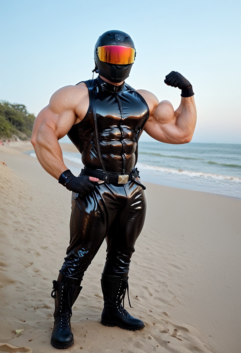 score_9, score_8_up, score_7_up, photo, photorealistic, rating_explicit, (solo:1.1), 1boy, black helmet with tinted visor, muscular male, masculine male, red glossy rubber tank top, black glossy leather blazer jacket, glossy black pants, belt, skintight, black rubber gloves, black rubber boots, abs, nipples, pecs, flexing, proud, sweaty, outdoors beach, five digits