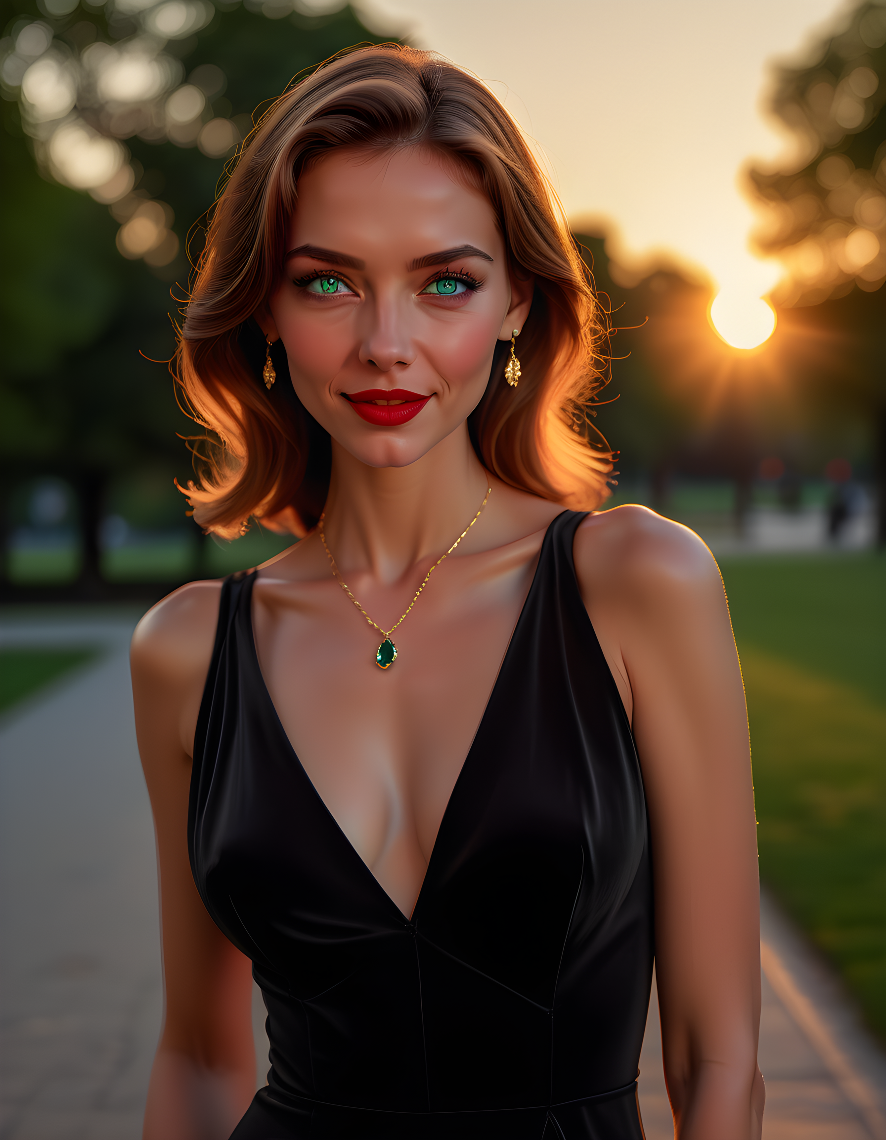 In a vibrant and bustling city park at dusk, a captivating woman with emerald green eyes catches the viewer's gaze. She is dressed in a sleek, black C1ND1E dress that accentuates her beauty, adorned with elegant jewelry that sparkles under the warm, golden hues of the setting sun. Her teeth flash brilliantly as she offers a confident and inviting smile, her full, red lips forming a slight pout. The camera focuses on an intimate close-up of her upper body, revealing a hint of cleavage and drawing the viewer's attention to the mesmerizing allure that emanates from this enigmatic figure, as she stands alone amidst the fading light and shadows of the encroaching twilight.
