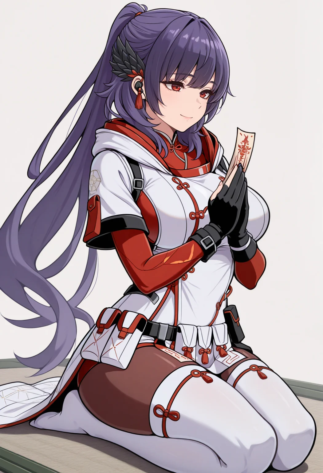 masterpiece, best quality, 1girl, seiza, praying, smile, closed mouth, talisman, holding, <lora:KyokaSN-illu:1> altKyoka, long hair, ponytail, purple hair, black feather hair ornament, earbuds, red eyes, white coat, hooded coat, large breasts, belt, red bodysuit, short over long sleeves, black gloves, partially fingerless gloves, pouch, brown pantyhose, white thighhighs, no shoes, tatami, simple background