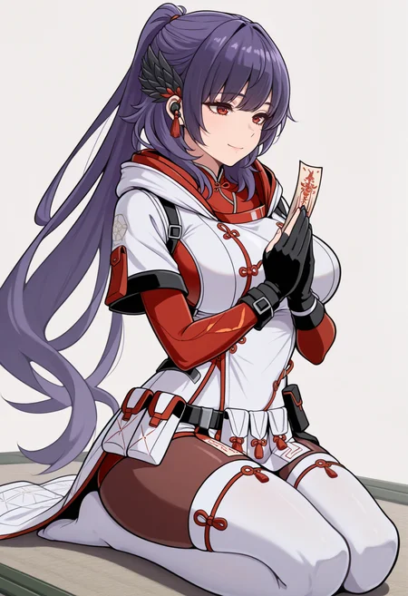 masterpiece, best quality, 1girl, seiza, praying, smile, closed mouth, talisman, holding, <lora:KyokaSN-illu:1> altKyoka, long hair, ponytail, purple hair, black feather hair ornament, earbuds, red eyes, white coat, hooded coat, large breasts, belt, red bodysuit, short over long sleeves, black gloves, partially fingerless gloves, pouch, brown pantyhose, white thighhighs, no shoes, tatami, simple background