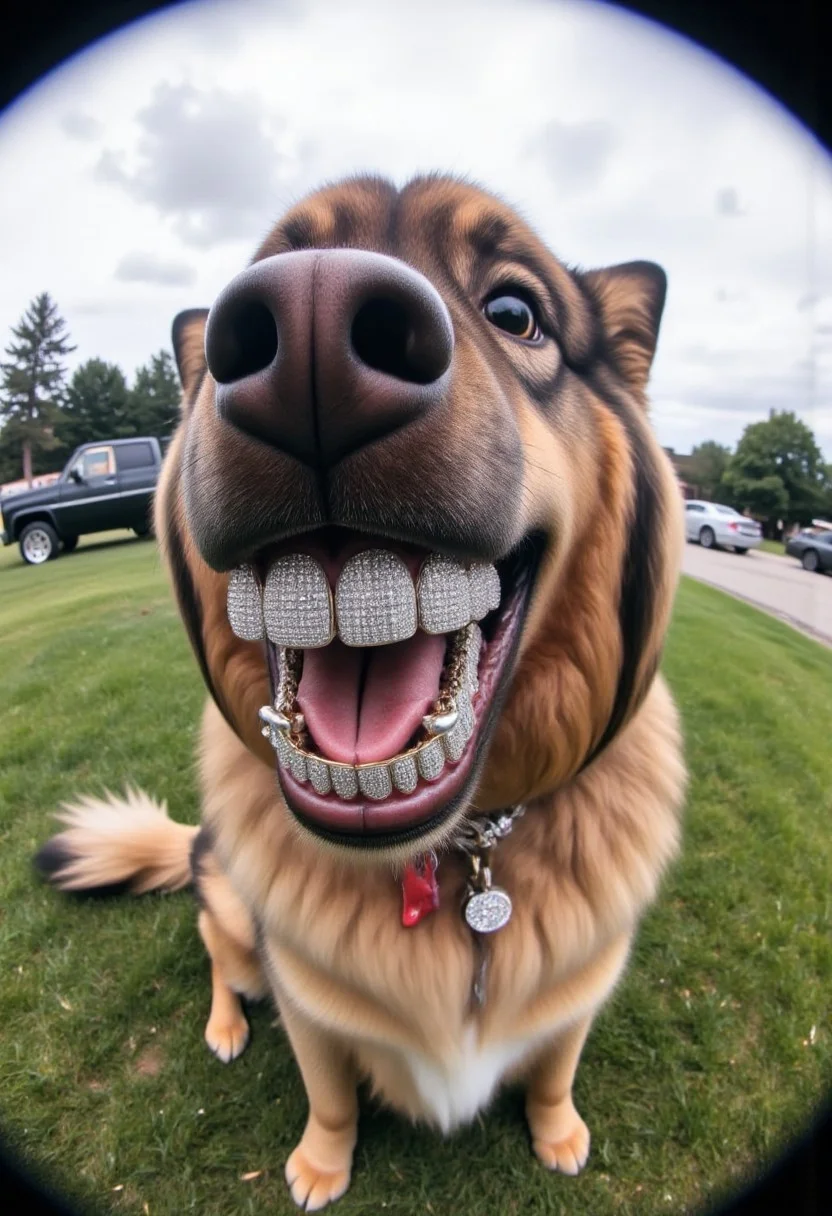 gr!llz, fish eye lens realistic photograph of liathedog with a wide smile, her teeth are encrusted with shiny platinum diamonds. She's sitting on a grass field.