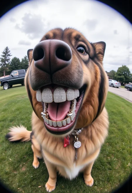 gr!llz, fish eye lens realistic photograph of liathedog with a wide smile, her teeth are encrusted with shiny platinum diamonds. She's sitting on a grass field.