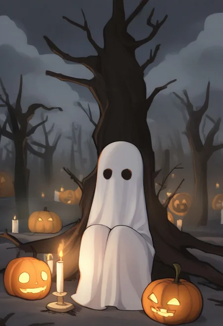 5H33TGH05T, sheet_ghost, (1girl), fishnets, (high_heels), covering_face, ghost_costume, spooky trees, dead trees, branches, orange pumpkin, jack_o'lantern, flickering, candle, cloudy,