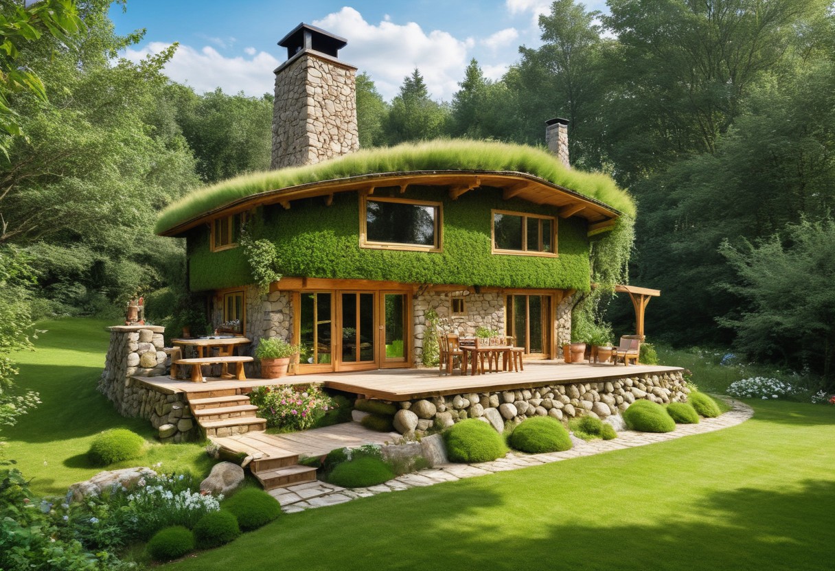 in front hangs a one-story fabulously magical house of a fairy, a wizard, a wizard, built of stone, covered and merged with nature, the roof reaches the ground and is completely covered with grass and green grass, a large veranda. in front of a table and chairs made from the branches of bushes and trees, deck chair type, large barbecue, windows, stone chimney, spacious inside, avant-garde ecologically independent house merging with nature, built from natural materials found in nature, fantastically fabulous style, photorealism, sense of harmony and tranquility, relaxation, fantasy and magic